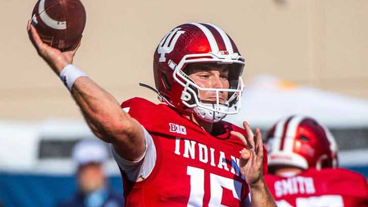 Indiana quarterback Fernando Mendoza throws a pass against Old Dominion on Aug. 30, 2025, at Memorial Stadium. IU won 27-14. Indiana quarterback Fernando Mendoza throws a pass against Old Dominion on Aug. 30, 2025, at Memorial Stadium. IU won 27-14.