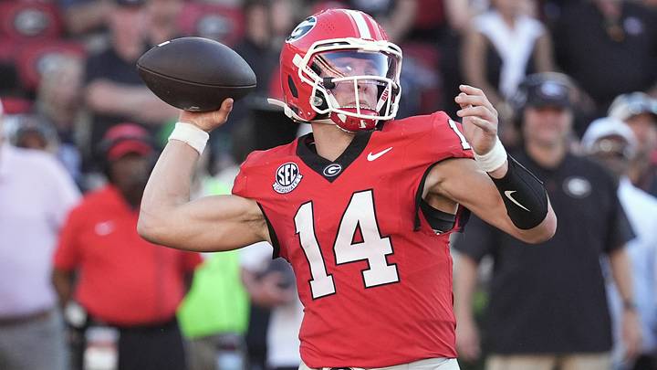 Sep 26, 2026; Athens, Georgia, USA;  Georgia Bulldogs quarterback Gunner Stockton (14) throws a pass against the Oklahoma Sooners during the second half at Sanford Stadium.  Mandatory Credit: Dale Zanine-Imagn Images