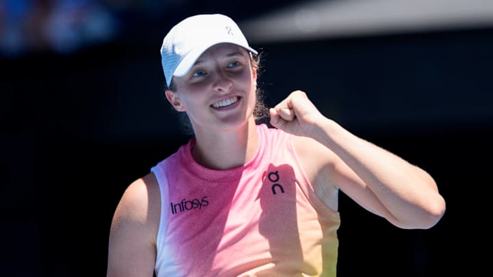 January 18, 2025: 2nd seed Iga Swiatek of Poland celebrates after defeating Emma Raducanu of Great Britain in the 2025 Australian Open.