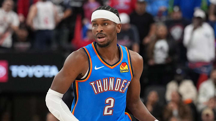 Nov 4, 2025; Inglewood, California, USA; Oklahoma City Thunder guard Shai Gilgeous-Alexander (2) dribbles the ball against the LA Clippers in the second half at Intuit Dome. Mandatory Credit: Kirby Lee-Imagn Images Nov 4, 2025; Inglewood, California, USA; Oklahoma City Thunder guard Shai Gilgeous-Alexander (2) dribbles the ball against the LA Clippers in the second half at Intuit Dome. Mandatory Credit: Kirby Lee-Imagn Images