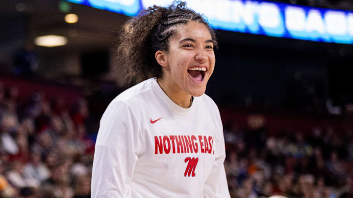 Mar 6, 2025; Greenville, SC, USA; Ole Miss Rebels forward Heloisa Carrera (14) celebrates during the first half against the Mississippi State Bulldogs at Bon Secours Wellness Arena. Mandatory Credit: Scott Kinser-Imagn Images Mar 6, 2025; Greenville, SC, USA; Ole Miss Rebels forward Heloisa Carrera (14) celebrates during the first half against the Mississippi State Bulldogs at Bon Secours Wellness Arena. Mandatory Credit: Scott Kinser-Imagn Images