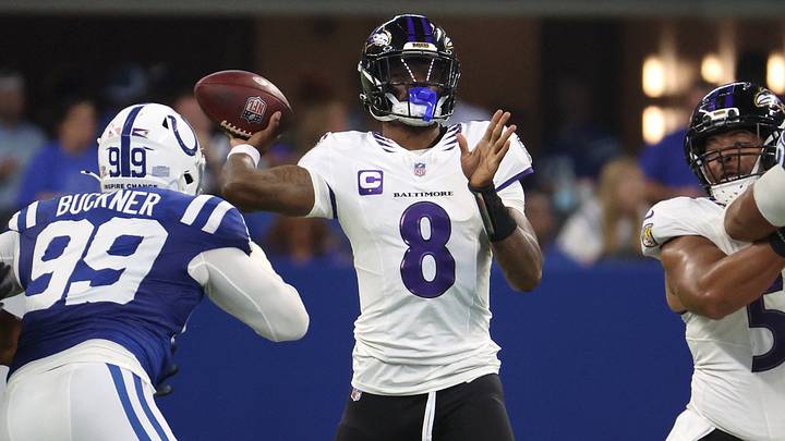 Sep 13, 2026; Indianapolis, Indiana, USA; Baltimore Ravens quarterback Lamar Jackson (8) throws the ball over Indianapolis Colts defensive tackle DeForest Buckner (99) at Lucas Oil Stadium. Mandatory Credit: Trevor Ruszkowski-Imagn Images Sep 13, 2026; Indianapolis, Indiana, USA; Baltimore Ravens quarterback Lamar Jackson (8) throws the ball over Indianapolis Colts defensive tackle DeForest Buckner (99) at Lucas Oil Stadium. Mandatory Credit: Trevor Ruszkowski-Imagn Images