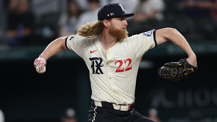 Aug 30, 2024; Arlington, Texas, USA; Texas Rangers pitcher Jon Gray (22) throws a pitch in the first inning against the Oakland Athletics at Globe Life Field. 