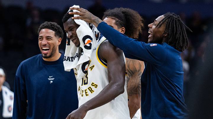 Oct 16, 2026; Indianapolis, Indiana, USA;  Indiana Pacers guard Quenton Jackson (29) celebrates with center Keba Keita (13)  in the second half against the Milwaukee Bucks at Gainbridge Fieldhouse.  Mandatory Credit: Trevor Ruszkowski-Imagn Images