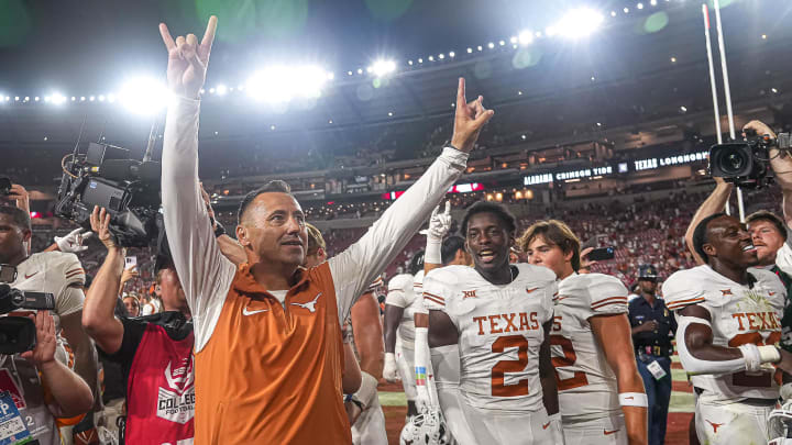 Sep. 9, 2023; Tuscaloosa, Alabama; Texas Longhorns head coach Steve Sarkisian celebrates the 34-24
