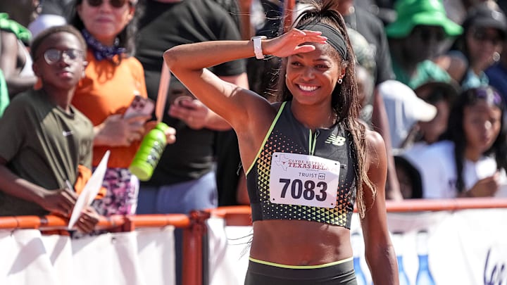 Gabby Thomas (7083) walks the track ahead of the 1600 meter relay invitational at the Clyde Littlefield Texas Relays at Mike A. Myers Stadium on Saturday, March 29, 2025. Gabby Thomas (7083) walks the track ahead of the 1600 meter relay invitational at the Clyde Littlefield Texas Relays at Mike A. Myers Stadium on Saturday, March 29, 2025.