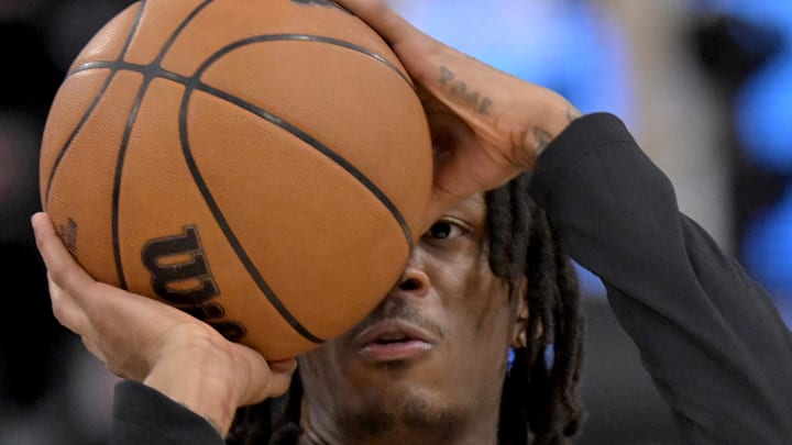 Dec 27, 2024; Inglewood, California, USA;  Los Angeles Clippers guard Bones Hyland (5) warms up prior to the game against the Golden State Warriors at Intuit Dome. Mandatory Credit: Jayne Kamin-Oncea-Imagn Images
