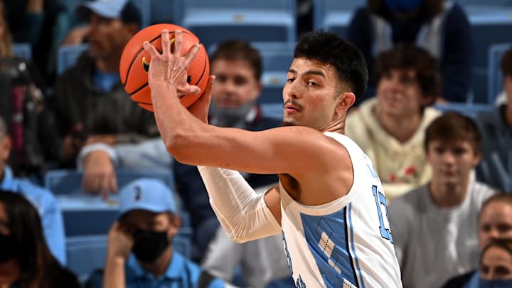 Nov 5, 2021; Chapel Hill, NC, USA;  North Carolina Tar Heels forward Dawson Garcia (13) with the ball in the first half at Dean Smith Center. Mandatory Credit: Bob Donnan-USA TODAY Sports