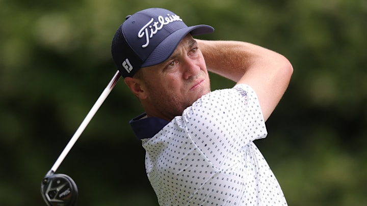 Justin Thomas tees off during the second round of the 2025 RBC Heritage at Harbour Town