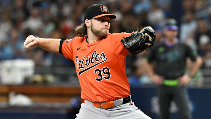 Aug 10, 2024; St. Petersburg, Florida, USA; Baltimore Orioles starting pitcher Corbin Burnes (39) throws a pitch in the first inning against the Tampa Bay Rays at Tropicana Field. Mandatory Credit: Jonathan Dyer-Imagn Images Aug 10, 2024; St. Petersburg, Florida, USA; Baltimore Orioles starting pitcher Corbin Burnes (39) throws a pitch in the first inning against the Tampa Bay Rays at Tropicana Field. Mandatory Credit: Jonathan Dyer-Imagn Images