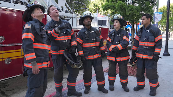 9-1-1 LONE STAR: L-R: Rob Lowe, Jim Parrack, Brian Michael Smith, Natacha Karam, and Julian Works in the "My Way" episode of 9-1-1 LONE STAR airing Monday, Oct 14 (8:00-9:02 PM ET/PT) on FOX. © 2024 Fox Media LLC.CR: Kevin Estrada/FOX.