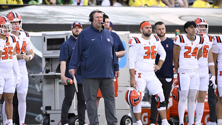 Oct 26, 2024; Eugene, Oregon, USA; Illinois Fighting Illini head coach Bret Bielema watches the game against the Oregon Ducks during the second half at Autzen Stadium.