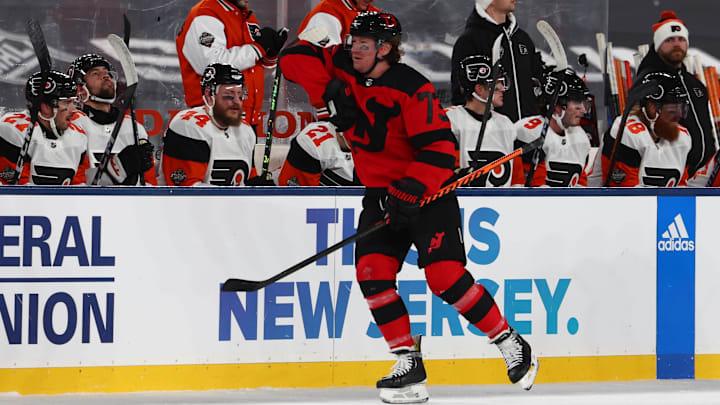 Feb 17, 2024; East Rutherford, New Jersey, USA; New Jersey Devils right wing Tyler Toffoli (73)
