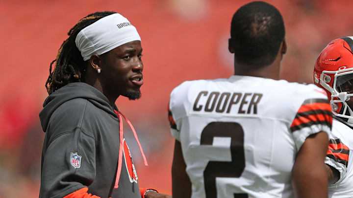 Cleveland Browns wide receiver Jerry Jeudy (3) chats with Cleveland Browns wide receiver Amari Cooper (2).
