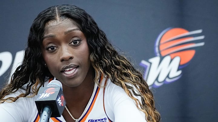 Kahleah Copper takes questions from reporters at Phoenix Mercury Media Day on April 30, 2025, in Phoenix.