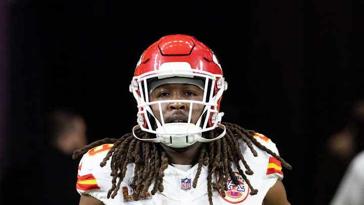 Feb 9, 2025; New Orleans, LA, USA;  Kansas City Chiefs running back Kareem Hunt (29) against the Philadelphia Eagles in Super Bowl LIX at Ceasars Superdome. Mandatory Credit: Mark J. Rebilas-Imagn Images