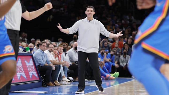 Oct 26, 2021; Oklahoma City, Oklahoma, USA; Oklahoma City Thunder head coach Mark Daigneault reacts after a play against the Golden State Warriors during the second half at Paycom Center. Golden State won 106-98. Mandatory Credit: Alonzo Adams-Imagn Images