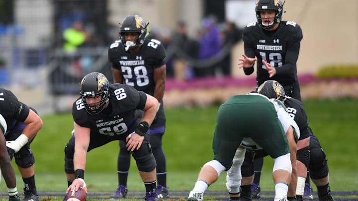 Oct 28, 2017; Evanston, IL, USA; Northwestern Wildcats offensive lineman Brad North (69) on the line of scrimmage during a game against the Michigan State Spartansat Ryan Field. Mandatory Credit: Patrick Gorski-Imagn Images