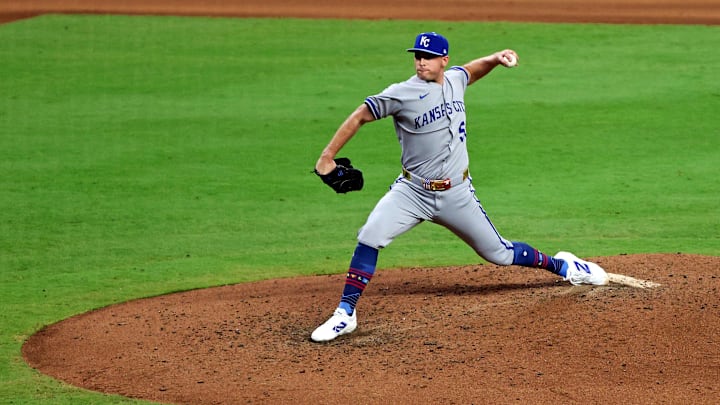 Jul 15, 2025; Cumberland, Georgia, USA; American League pitcher Kris Bubic (50) of the Kansas City Royals during the sixth inning during the 2025 MLB All Star Game at Truist Park. Mandatory Credit: Jordan Godfree-Imagn Images Jul 15, 2025; Cumberland, Georgia, USA; American League pitcher Kris Bubic (50) of the Kansas City Royals during the sixth inning during the 2025 MLB All Star Game at Truist Park. Mandatory Credit: Jordan Godfree-Imagn Images