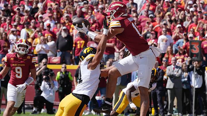 Iowa State Cyclones' tight end Benjamin Brahmer (18) catches a pass for a touchdown over Iowa Hawkeyes linebacker Jaden Harrell (41) during the second quarter in the Cy-Hawk football at Jack Trice Stadium on Sept. 6, 2025, in Ames, Iowa Iowa State Cyclones' tight end Benjamin Brahmer (18) catches a pass for a touchdown over Iowa Hawkeyes linebacker Jaden Harrell (41) during the second quarter in the Cy-Hawk football at Jack Trice Stadium on Sept. 6, 2025, in Ames, Iowa