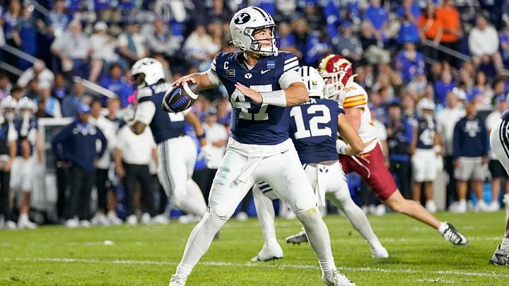Oct 9, 2026; Provo, Utah, USA;  BYU Cougars quarterback Bear Bachmeier (47) drops back to pass during the first half against the Iowa State Cyclones at LaVell Edwards Stadium.  Mandatory Credit: Aaron Baker-Imagn Images