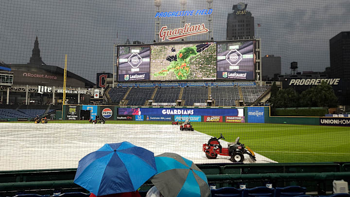 Jul 28, 2025: A general view of Progressive Field during a rain delay before a game between the Cleveland Guardians and the Colorado Rockies. Jul 28, 2025: A general view of Progressive Field during a rain delay before a game between the Cleveland Guardians and the Colorado Rockies.