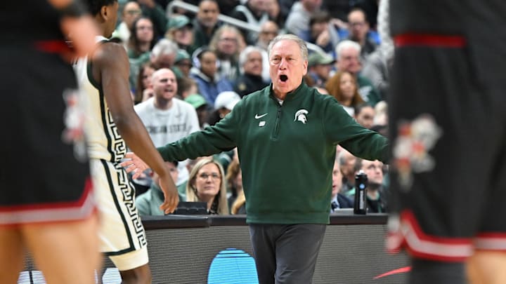 Mar 21, 2026; Buffalo, NY, USA; Michigan State Spartans head coach Tom Izzo reacts in the first half against the Louisville Cardinalsduring a second round game of the men's 2026 NCAA Tournament at Keybank Center. Mandatory Credit: Mark Konezny-Imagn Images