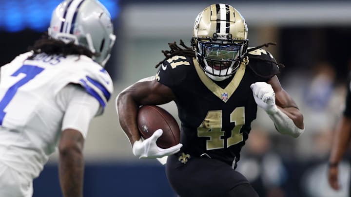 Sep 15, 2024; Arlington, Texas, USA; New Orleans Saints running back Alvin Kamara (41) runs against the Dallas Cowboys in the second half at AT&T Stadium. 