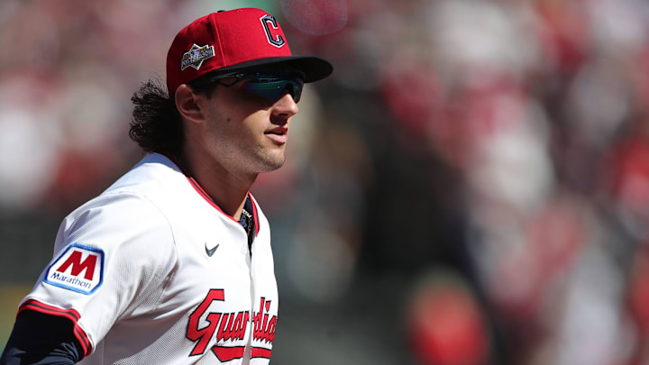Cleveland Guardians center fielder Chase DeLauter (34) jogs back to the dugout during the first inning of Game 2 of the American League wild card series at Progressive Field, Oct. 1, 2025, in Cleveland, Ohio. Cleveland Guardians center fielder Chase DeLauter (34) jogs back to the dugout during the first inning of Game 2 of the American League wild card series at Progressive Field, Oct. 1, 2025, in Cleveland, Ohio.