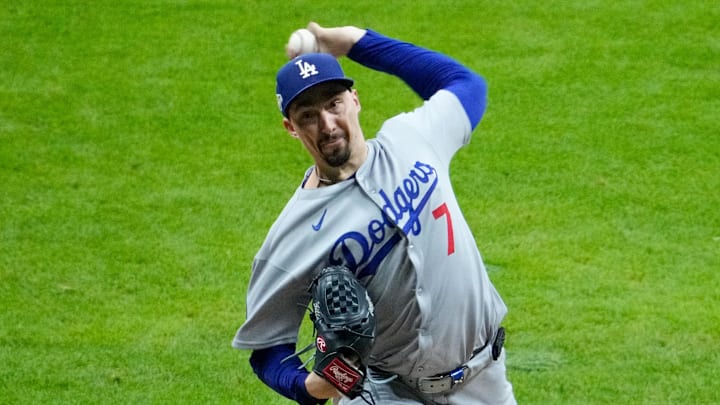 Oct 13, 2025; Milwaukee, Wisconsin, USA; Los Angeles Dodgers pitcher Blake Snell (7) throws a pitch against the Milwaukee Brewers in the sixth inning during game one of the NLCS round for the 2025 MLB playoffs at American Family Field. Mandatory Credit: Michael McLoone-Imagn Images Oct 13, 2025; Milwaukee, Wisconsin, USA; Los Angeles Dodgers pitcher Blake Snell (7) throws a pitch against the Milwaukee Brewers in the sixth inning during game one of the NLCS round for the 2025 MLB playoffs at American Family Field. Mandatory Credit: Michael McLoone-Imagn Images