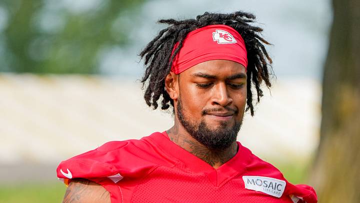 Jul 29, 2026; St. Joseph, MO, USA; Kansas City Chiefs   offensive tackle Josh Simmons (71) walks down the hill to the practice fields during training camp at Missouri Western State University. Mandatory Credit: Denny Medley-Imagn Images
