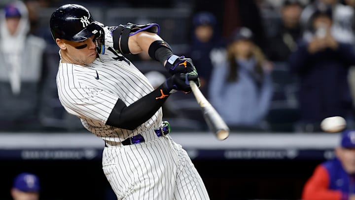 Aaron Judge mid-swing vs. Texas Rangers