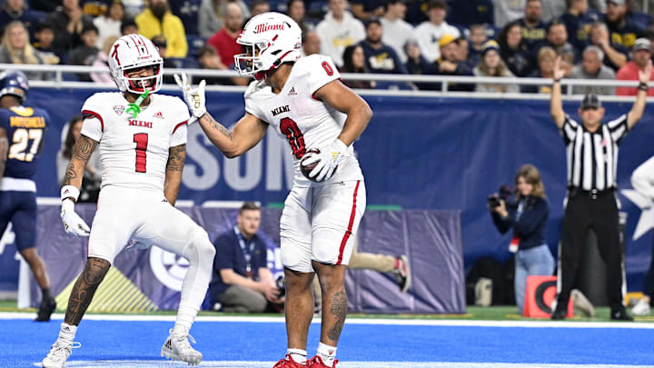 Dec 2, 2023; Detroit, MI, USA; Miami (OH) Redhawks running back Rashad Amos (0) celebrates after