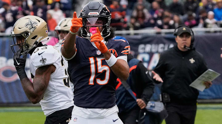 Bears wide receiver Rome Odunze signals first down after a catch against the Saints at Soldier Field. Odunze returned Thursday to practice after missing Wednesday with heel soreness.