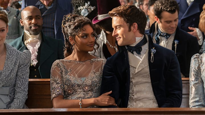 Bridgerton. (L to R) Daniel Francis as Lord Anderson, Simone Ashley as Kate Sharma, Jonathan Bailey as Anthony Bridgerton, Luke Thompson as Benedict Bridgerton in episode 307 of Bridgerton. Cr. Liam Daniel/Netflix © 2024