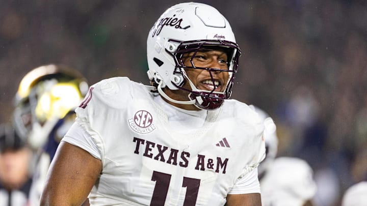September 13, 2025: Texas A&M defensive lineman Tyler Onyedim (11) reacts during NCAA, College League, USA football game action between the Texas A&M Aggies and the Notre Dame Fighting Irish at Notre Dame Stadium in South Bend, Indiana. 