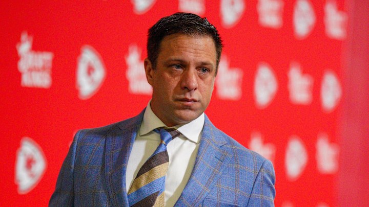 Nov 10, 2024; Kansas City, Missouri, USA; Kansas City Chiefs general manager Brett Veach arrives to the stadium prior to a game against the Denver Broncos at GEHA Field at Arrowhead Stadium. Mandatory Credit: Denny Medley-Imagn Images