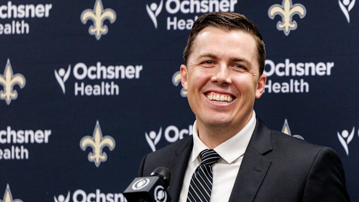 Feb 13, 2025; New Orleans, LA, USA; New Orleans Saints introduce Kellen Moore as the head coach and he addresses the media at Ochsner Sports Performance Center. Mandatory Credit: Stephen Lew-Imagn Images Feb 13, 2025; New Orleans, LA, USA; New Orleans Saints introduce Kellen Moore as the head coach and he addresses the media at Ochsner Sports Performance Center. Mandatory Credit: Stephen Lew-Imagn Images