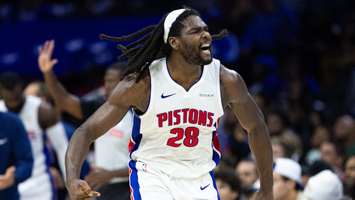 Oct 30, 2024; Philadelphia, Pennsylvania, USA; Detroit Pistons center Isaiah Stewart (28) reacts after a forward Tim Hardaway Jr. (not pictured) score against the Philadelphia 76ers during the fourth quarter at Wells Fargo Center. Mandatory Credit: Bill Streicher-Imagn Images