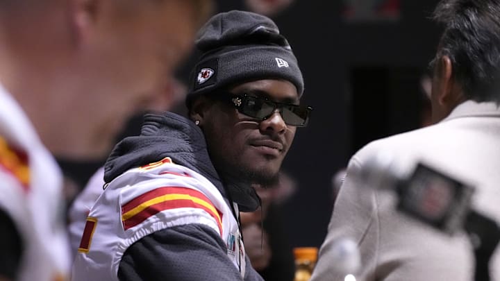 Feb 8, 2023; Scottsdale, AZ, USA; Kansas City Chiefs defensive end Frank Clark (55) answers. 