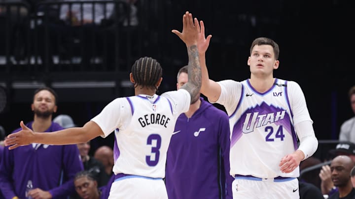 Oct 29, 2025; Salt Lake City, Utah, USA; Utah Jazz guard Keyonte George (3) and center Walker Kessler (24) react to a play against the Portland Trail Blazers during the first quarter at Delta Center. Mandatory Credit: Rob Gray-Imagn Images