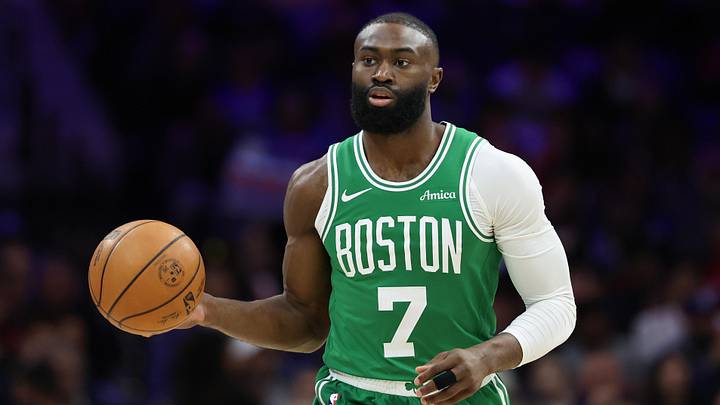 Boston Celtics guard Jaylen Brown (7) dribbles the ball against the Philadelphia 76ers during the first quarter at Xfinity Mobile Arena on April 30, 2026 Boston Celtics guard Jaylen Brown (7) dribbles the ball against the Philadelphia 76ers during the first quarter at Xfinity Mobile Arena on April 30, 2026