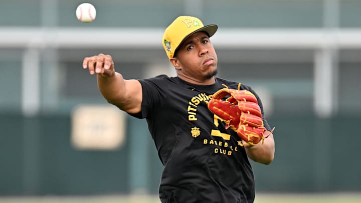 Feb 12, 2026; Bradenton, FL, USA; Pittsburgh Pirates infielder Enmanuel Valdez (44) throws to home plate during spring training at Pirate City. Mandatory Credit: Jonathan Dyer-Imagn Images Feb 12, 2026; Bradenton, FL, USA; Pittsburgh Pirates infielder Enmanuel Valdez (44) throws to home plate during spring training at Pirate City. Mandatory Credit: Jonathan Dyer-Imagn Images