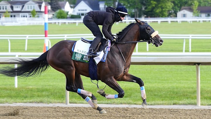 Jun 2, 2025; Saratoga, NY, USA; Baeza trains on the Oklahoma Track in Saratoga Race Course. Jun 2, 2025; Saratoga, NY, USA; Baeza trains on the Oklahoma Track in Saratoga Race Course.