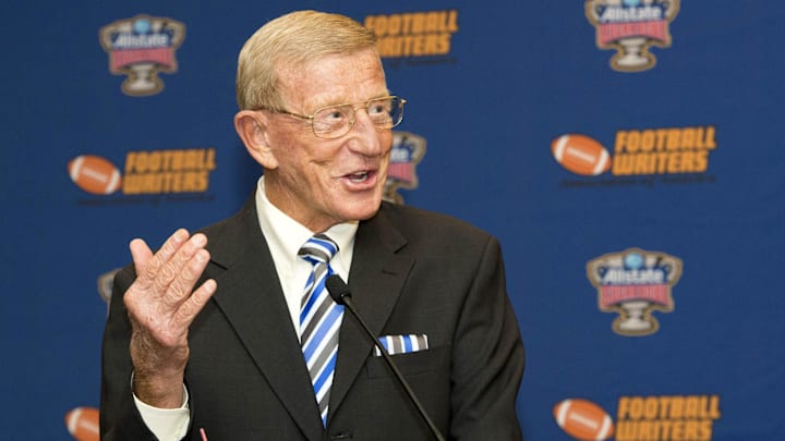 Two-time Eddie Robinson Coach of the Year recipient Lou Holtz speaks during the Eddie Robinson Coach of the Year press conference