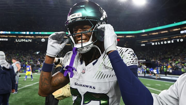 Seattle Seahawks wide receiver Rashid Shaheed celebrates after defeating the Los Angeles Rams.