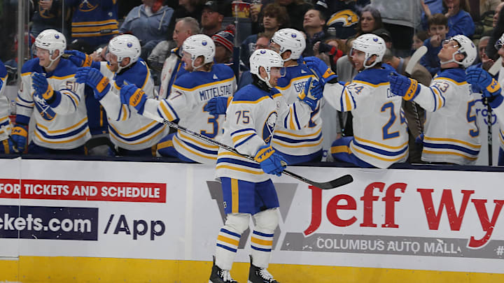Feb 23, 2024; Columbus, Ohio, USA; Buffalo Sabres defenseman Connor Clifton (75) celebrates his goal