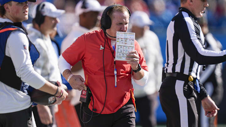 Nov 24, 2024; Charlotte, North Carolina, USA; Kansas City Chiefs defensive coordinator Steve Spagnuolo during the first quarter against the Carolina Panthers at Bank of America Stadium. Mandatory Credit: Jim Dedmon-Imagn Images