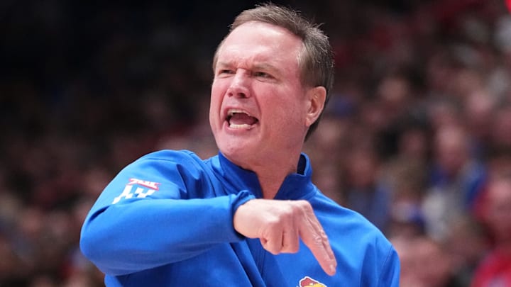 Dec 22, 2025; Lawrence, Kansas, USA; Kansas Jayhawks head coach Bill Self reacts to a call against the Davidson Wildcats during the first half of the game at Allen Fieldhouse. Mandatory Credit: Denny Medley-Imagn Images