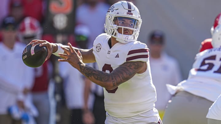 Oct 12, 2024; Athens, Georgia, USA; Mississippi State Bulldogs quarterback Michael Van Buren Jr. (0) passes the ball against the Georgia Bulldogs during the first half at Sanford Stadium. Mandatory Credit: Dale Zanine-Imagn Images